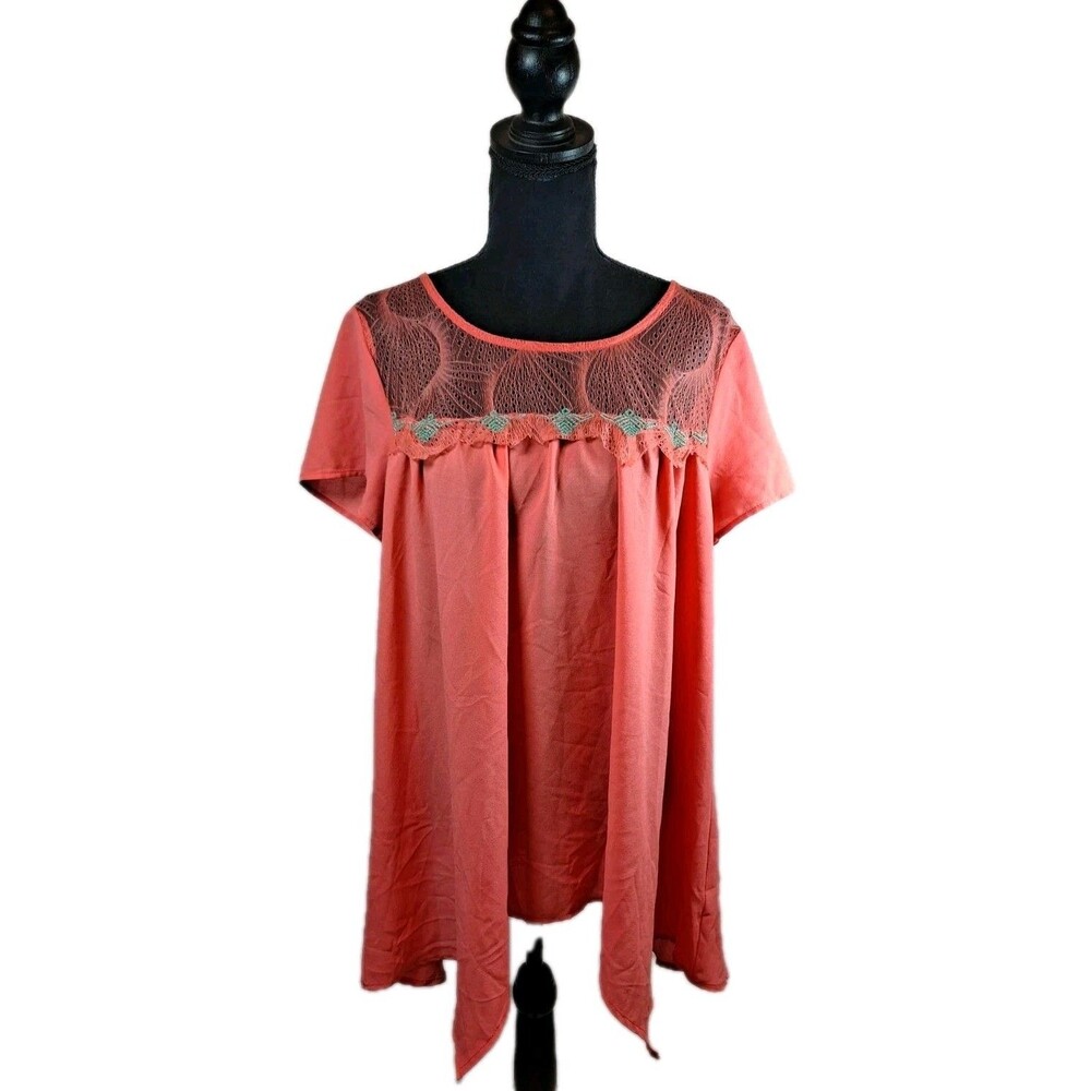 Umgee Women's Blouse Size M Sheer Lace Embroidered Coral Criss Cross Open Back
